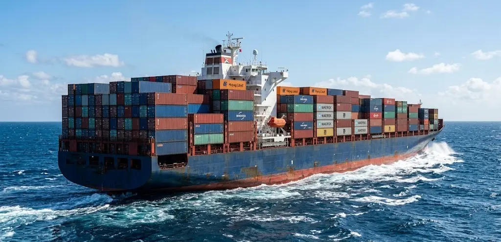 Container ship transporting cargo across the ocean, representing carbon-first routing using sea and rail over road transport