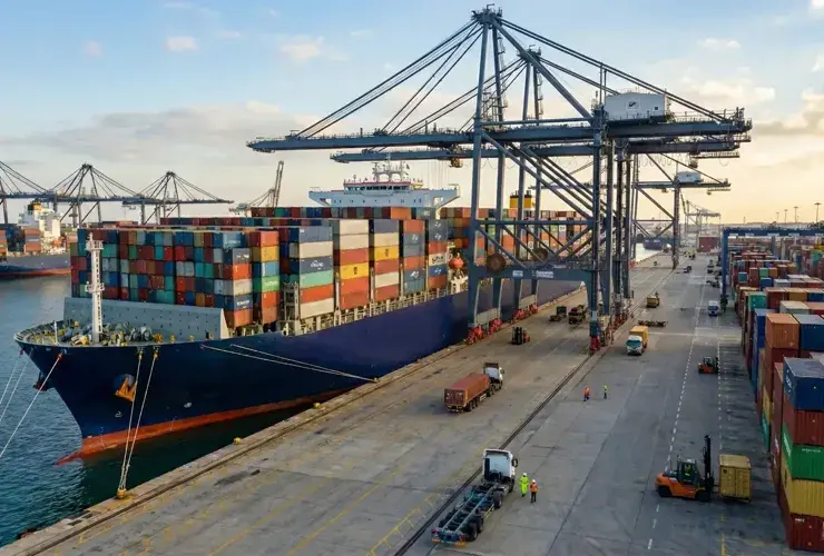 Container ship at port for sea freight and ocean cargo transport