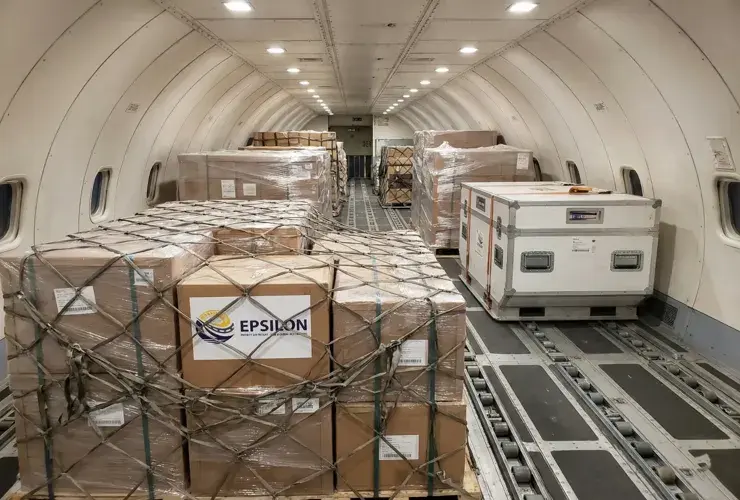 Air freight cargo loaded inside aircraft for international air cargo services