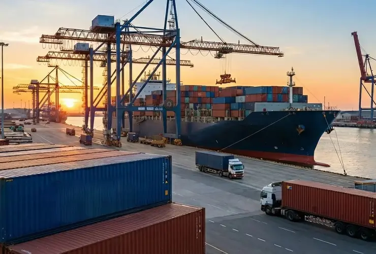 International shipment at port with container shipping and export import logistics