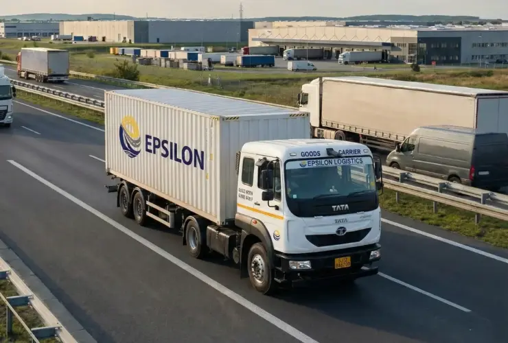 Container truck transporting goods by road freight