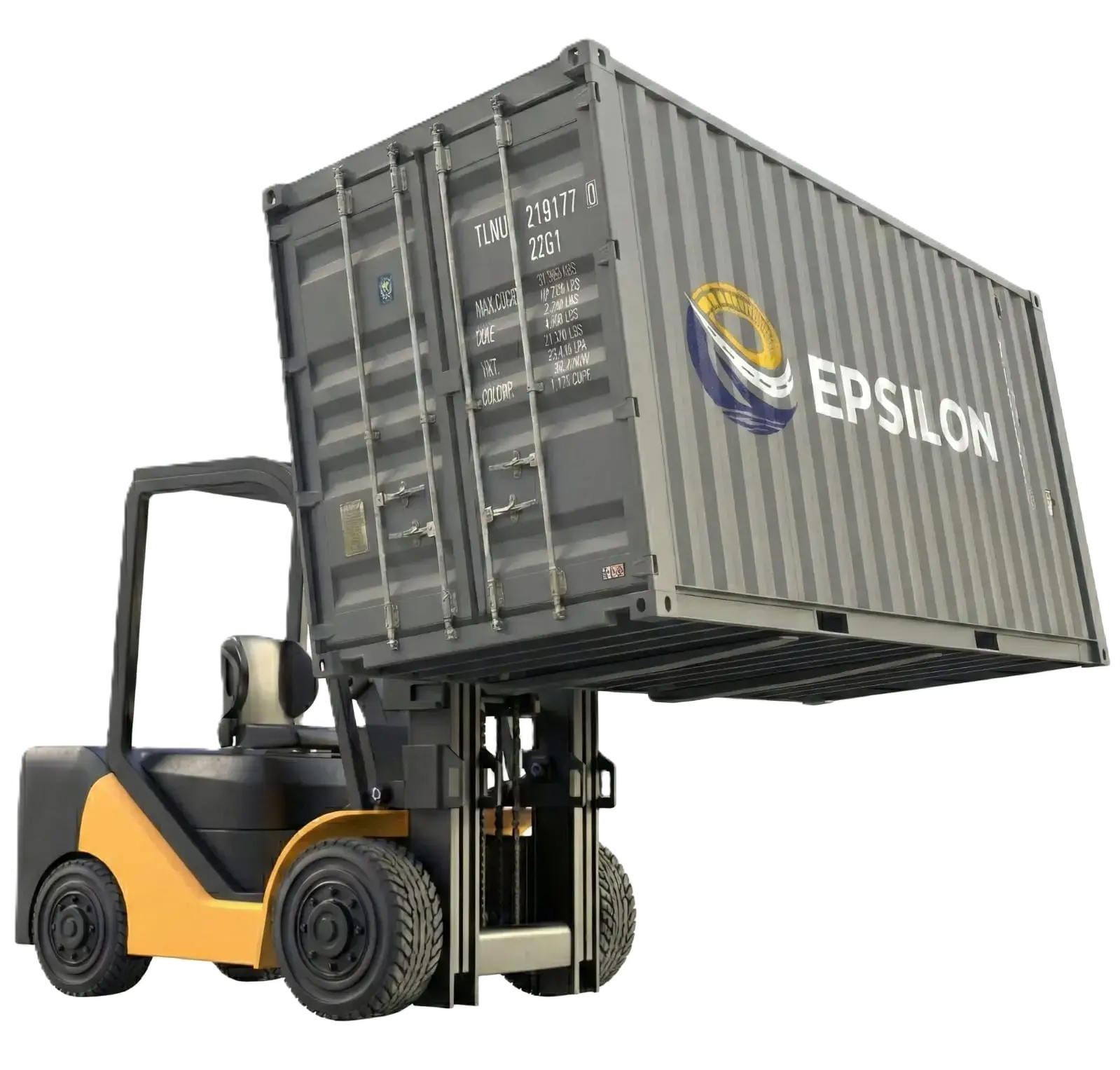 Forklift handling shipping container inside logistics facility